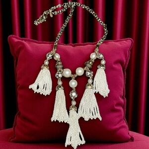CHICO'S "Gale" Fringe Faux Pearl Bib Statement Necklace